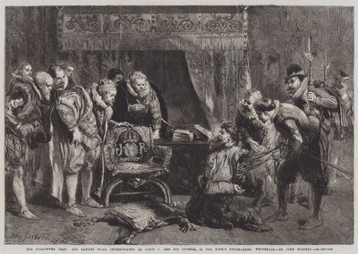 La Conspiración de la Pólvora, Guy Fawkes siendo interrogado por James I y su Consejo en la Cámara del Rey, Whitehall de John Gilbert